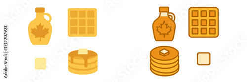 Delicious breakfast food with golden maple syrup, fluffy pancakes, crispy waffles, and creamy butter