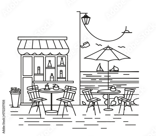 seaside cafe with outdoor seating and ocean views line art for kids coloring book.