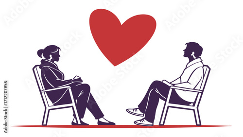 Silhouetted Couple Sitting in Chairs Heart Above Romantic Scene