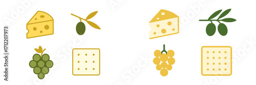 Variety of gourmet snack items including yellow cheese wedges, green olives on a branch, bunches of grapes, and square crackers