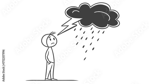 Stick Figure Under a Storm Cloud with Lightning and Rain Depicting Sadness