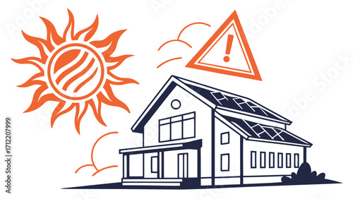 Solar Panel Home with Sun and Warning Sign