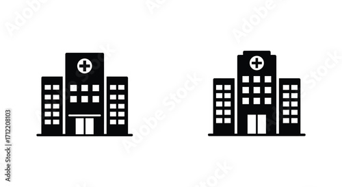 Simple black and white icons depicting two hospital buildings side by side