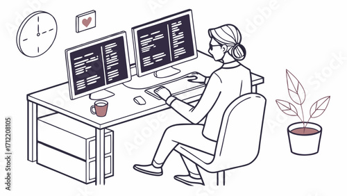 Woman with Bun Working at Desk with Dual Monitors and Potted Plant