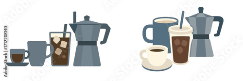 Diverse collection of coffee beverages and brewing tools featuring espresso, iced coffee, and moka pots