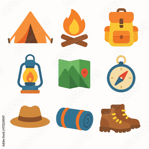 Outdoor Camping and Adventure Essential Icons Set for Nature Exploration