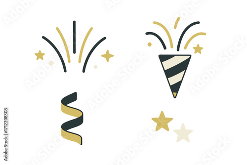 Festive celebration elements featuring abstract fireworks, a party popper, scattered stars, and a decorative ribbon