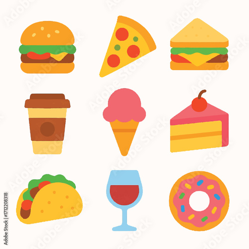 Colorful Assortment of Fast Food Items Including Burgers Pizza and Dessert