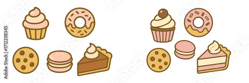Assortment of delicious baked goods and confectionery treats featuring cupcakes donuts cookies macarons and pie slices