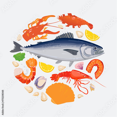 Ein vielseitiges Set aus Fisch und Meeresfrüchten als Vektorillustration
