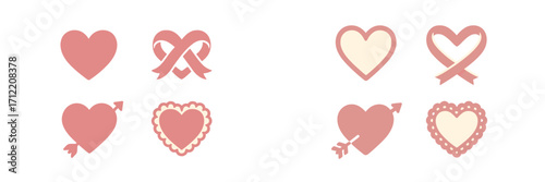 Stylized collection of various heart shapes, some with arrows and decorative ribbons, in soft pastel pink colors