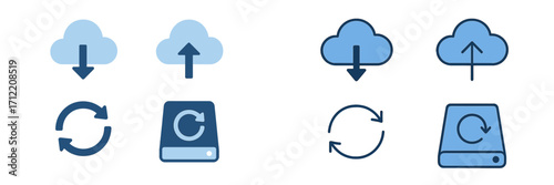 Comprehensive collection of cloud storage data transfer, upload, download, and synchronization refresh icons for digital services