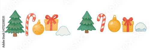 Festive Christmas holiday elements featuring evergreen trees, candy canes, golden ornaments, wrapped presents, and snow