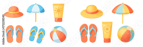 Vibrant collection of summer holiday items like sun hats, beach umbrellas, sunscreen, sandals, and inflatable balls