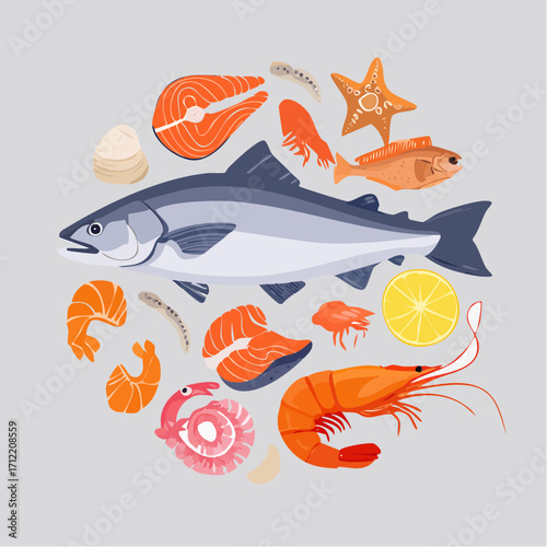 Ein vielseitiges Set aus Fisch und Meeresfrüchten als Vektorillustration