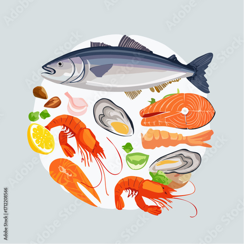 Ein vielseitiges Set aus Fisch und Meeresfrüchten als Vektorillustration