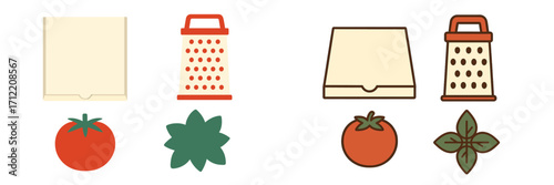 Various pizza making ingredients and kitchen utensils including pizza boxes graters fresh red tomatoes and green basil leaves