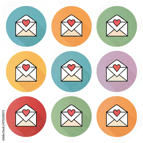 Colorful Heart Envelope Icons Set for Love and Communication Themes