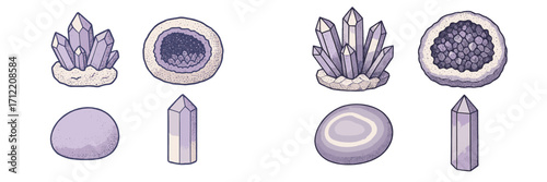 Assortment of mystical purple crystal clusters, raw geodes, and smooth polished gemstones for spiritual and decorative themes