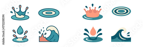 Collection of stylized water elements including splashes, waves, drops, and ripples in a clean graphic style for design