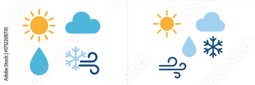 Set of weather forecast icons including sun cloud rain snowflake and wind symbols for climate conditions