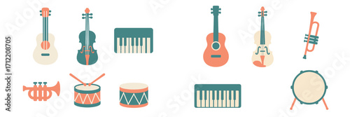 Diverse collection of musical instruments featuring string, percussion, and keyboard elements in a flat graphic style