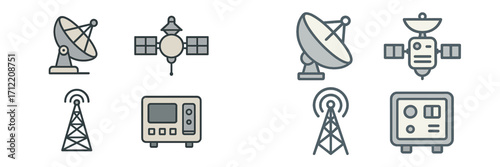 Communication technology icons with satellite dishes, radio towers, and electronic devices for digital networks