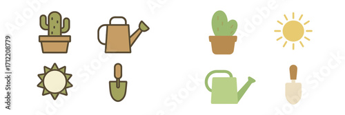 Collection of gardening icons featuring potted cacti, watering cans, sun symbols, and hand shovels for planting
