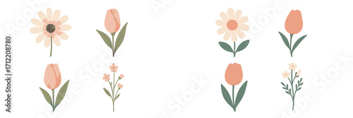 Delicate pastel spring flowers with soft watercolor textures, a charming collection of simple floral designs
