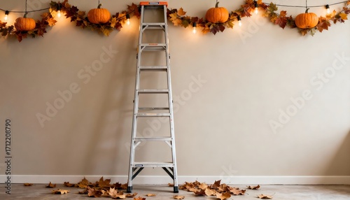 Ladder Against Wall with Pumpkins and Autumn Garland Decor