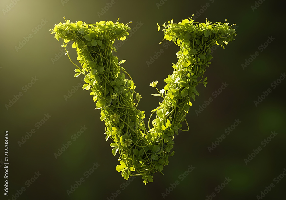 Naklejka premium A vibrant letter v formed from lush green foliage stands out against a blurred background, symbolizing nature, growth, and the beauty of organic forms in a captivating composition
