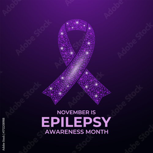 Epilepsy Awareness Month, observed in November, raises awareness about epilepsy, seizures, treatment, and brain health. Purple ribbon and  brain Vector illustration. Designed in a low poly style.