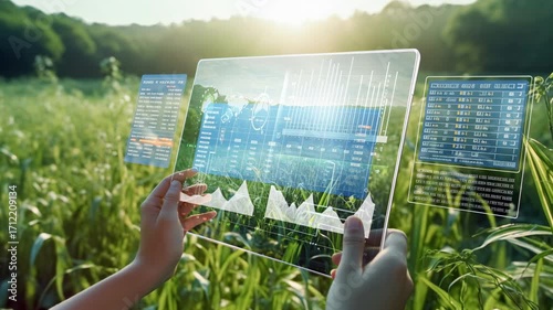 Futuristic Agriculture Technology, Woman Using Transparent Screen with Holographic Data in Green Field, Smart Farming Innovation Concept