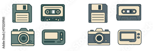Collection of nostalgic digital and analog storage devices, vintage film cameras, and portable electronic gadgets from past decades
