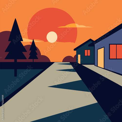 Sunset suburban neighborhood long shadows vector on white background.