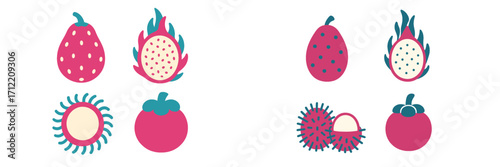Vibrant colorful tropical fruits collection with dragon fruit, mangosteen, and rambutan on white background