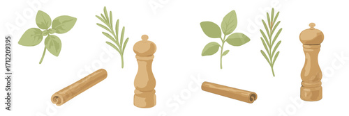 Collection of fresh culinary herbs like basil and rosemary with aromatic spices such as cinnamon sticks and classic wooden pepper grinders for cooking and seasoning