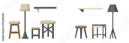 Modern home furniture collection featuring various stools, elegant floor lamps, and practical wall mounted shelves for interior design projects
