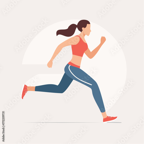 Flat vector illustration of a young athletic woman running in sportswear. Minimalist concept for fitness, healthy lifestyle, and cardio exercise