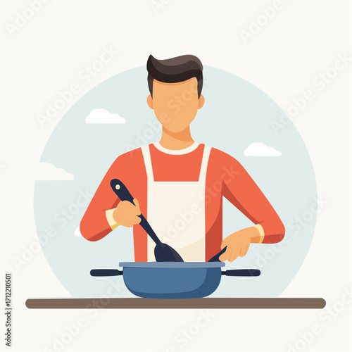 Flat vector illustration of a man preparing a meal in a kitchen, showcasing a modern and minimalist culinary scene with a person actively cooking in a pan