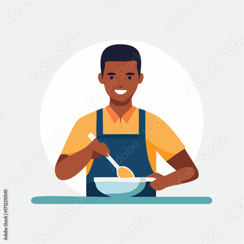 Isolated flat vector illustration of a smiling young African American man in a blue apron, joyfully cooking and mixing ingredients in a white bowl