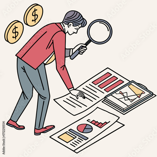 searching for investment opportunity stock market research or hidden cost and expense concept businessman looking through magnifying glass to see dollar money sign search for money ... See More
