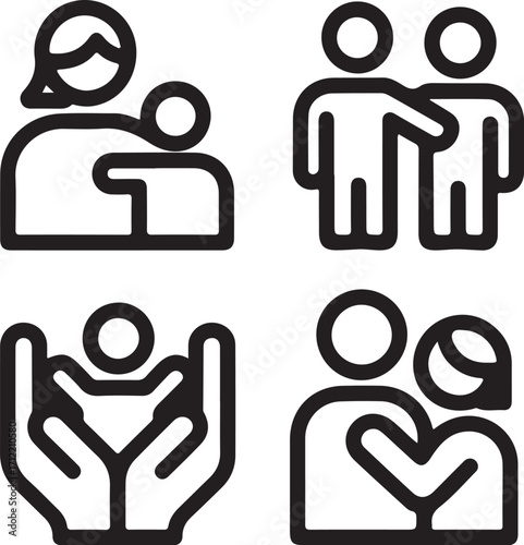 Caring connection icons: family, friends, support, love