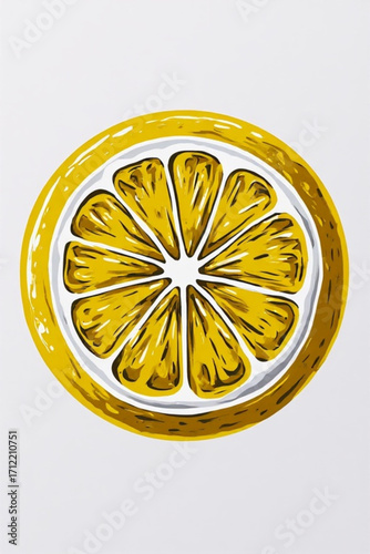A stylized illustration of a lemon slice, showcasing its juicy segments and textured rind.