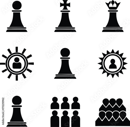 strategy, leadership, business, management, team, corporate, icon, set, human, resources, organization, planning, goal, success, chess, king, queen, pawn