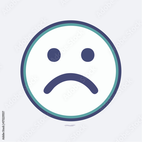 A simple flat vector icon of an unhappy, sad face emoticon. This minimalist geometric design with a bold outline expresses feelings of sadness and disappointment