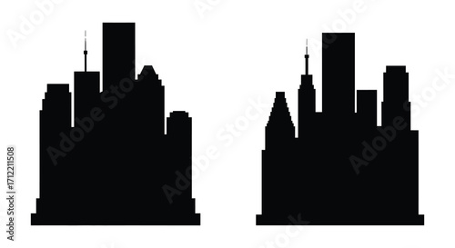 Silhouetted city skylines against a stark white background modern architecture