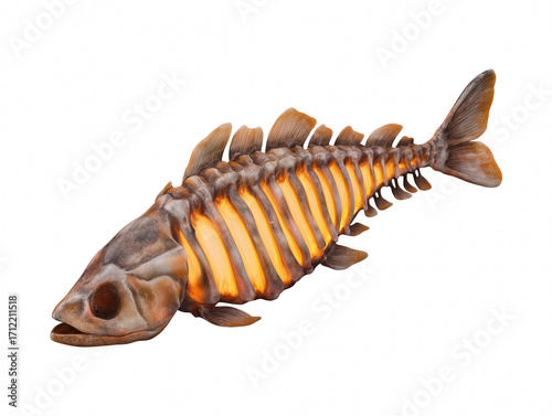 Fascinating fossil of prehistoric fish with skeleton displayed on back captured in depth of field against a dark background for artistic effect isolate on transparent background