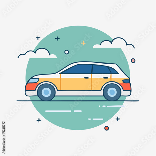 Flat vector illustration of a modern SUV car. Minimalist geometric line art icon for transportation and travel concepts, isolated on a circular background