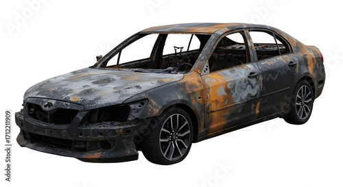 Burnt and destroyed car after accident isolated PNG with Transparent Background